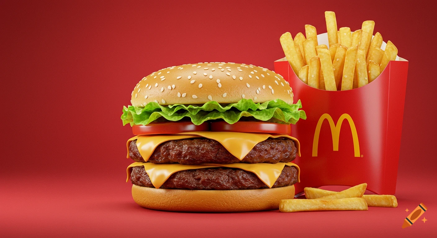 A double cheeseburger with sesame bun, lettuce, tomato, and cheese sits next to a red carton of golden French fries on a red background.