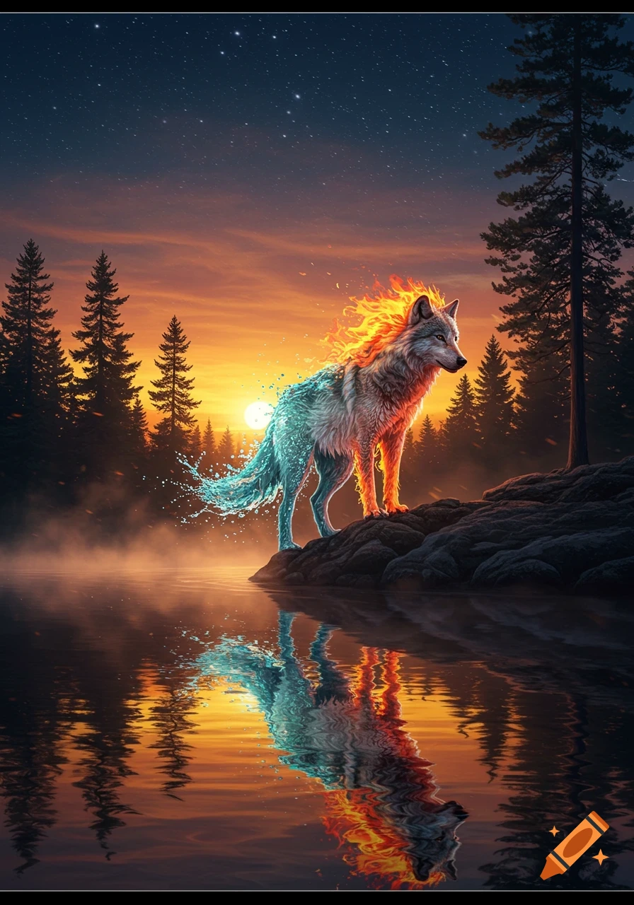 A majestic wolf, half fire and half water, stands on a rock at sunset by a lake under a starry sky.