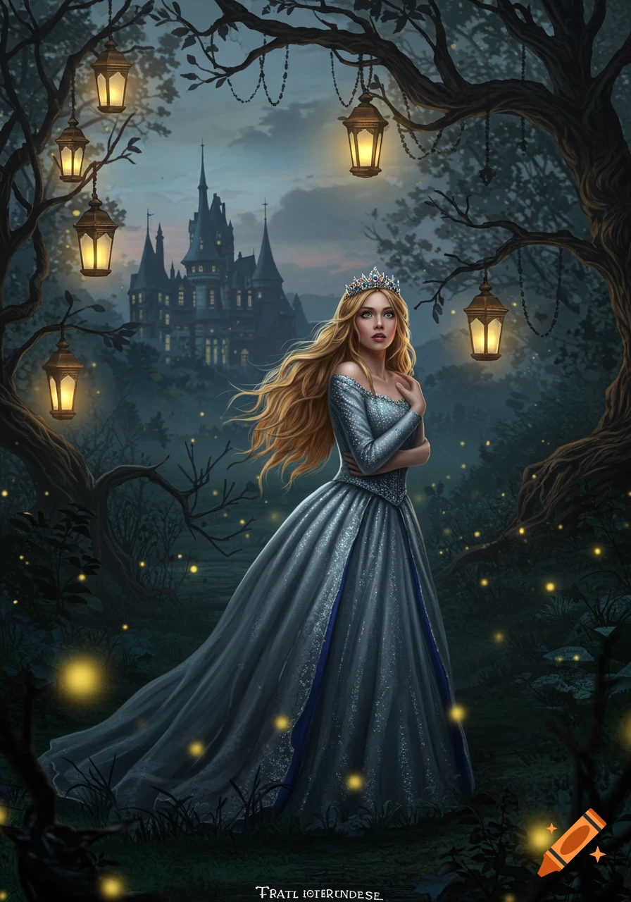 A blonde princess in a blue gown stands in a dark, enchanted forest with glowing lanterns and a distant castle.