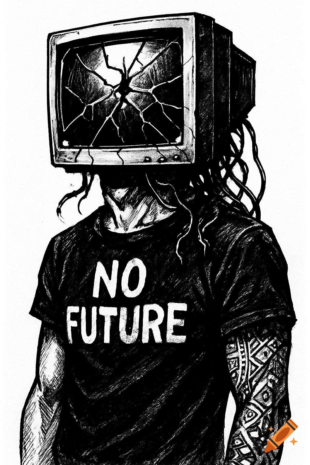 Black and white illustration of a person with a broken CRT monitor for a head, wearing a 'NO FUTURE' t-shirt and a patterned sleeve tattoo.