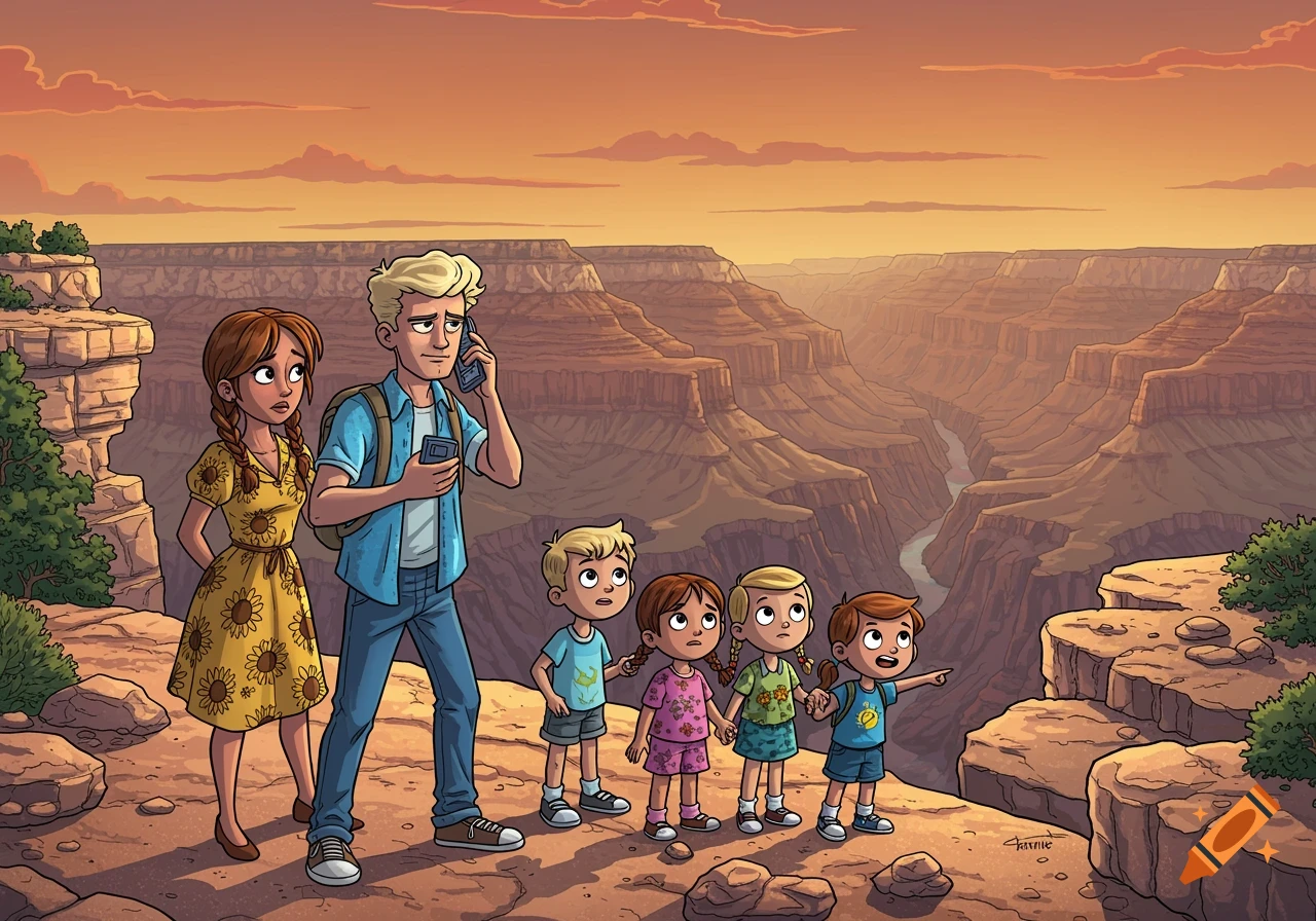 A cartoon family of six stands at the edge of the Grand Canyon at sunset, with parents looking concerned and children looking around.