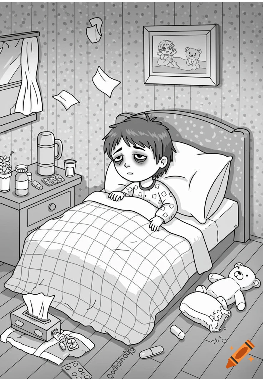 Black and white cartoon of a sick boy with dark circles under his eyes, lying in bed surrounded by medicine and tissues.