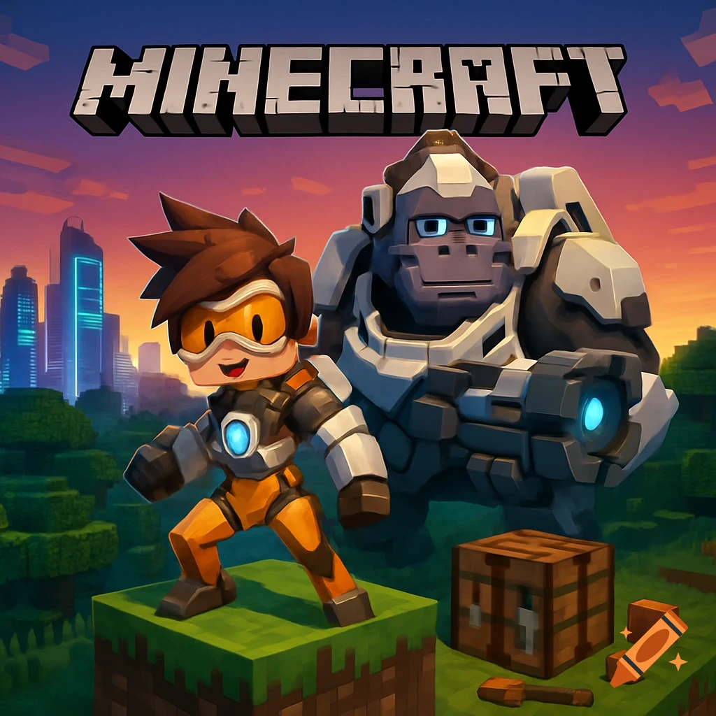 Stylized Tracer and Winston from Overwatch in a blocky Minecraft world with the 'MINECRAFT' title above.