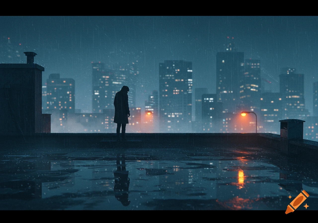 A solitary figure stands on a rainy city rooftop at night, reflecting on wet ground with a blurred cityscape in the background.