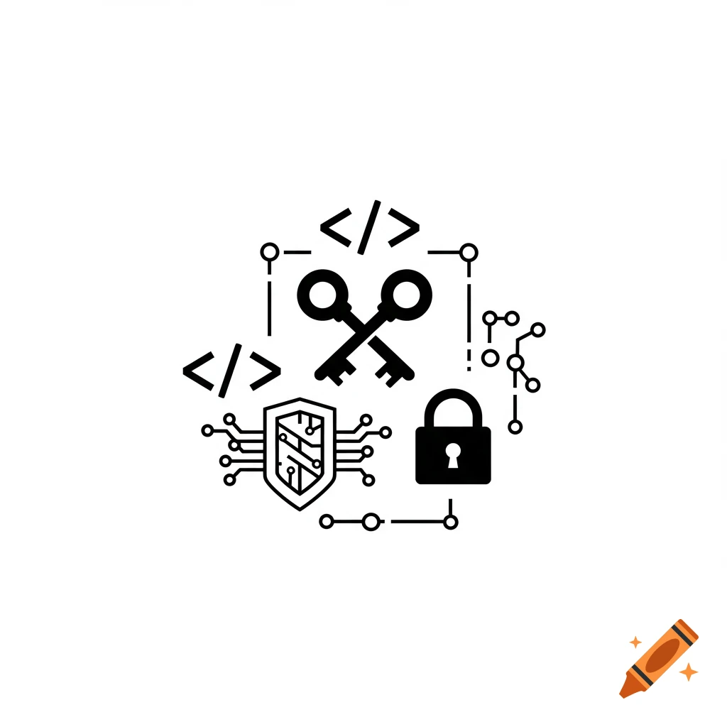 Minimalist black and white icon with code symbols, crossed keys, a circuit board shield, and a padlock.