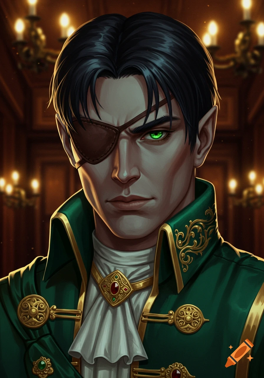 A dark-haired, pale-skinned male elf noble with a brown eyepatch, a bright green eye, and pointy ears wears a green and gold ornate coat in a grand room.