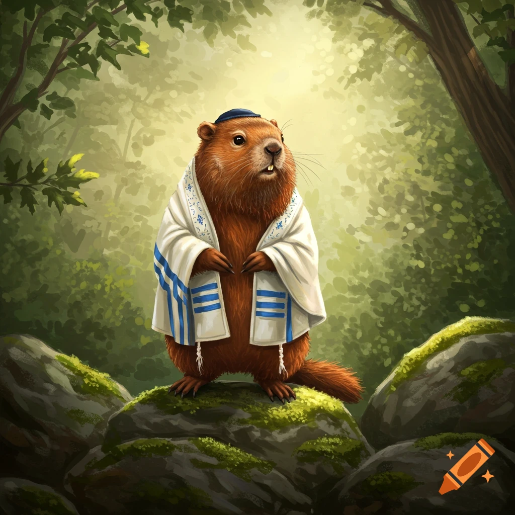A whimsical illustration of a groundhog rabbi wearing a kippah and tallit, standing on mossy rocks in a sunlit forest.