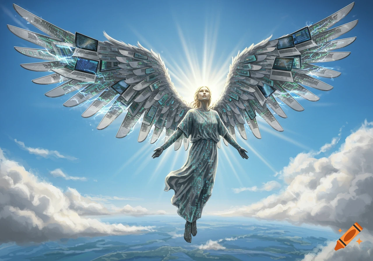 An angel with wings made of laptops and digital patterns floats above clouds, bathed in a bright light from above.