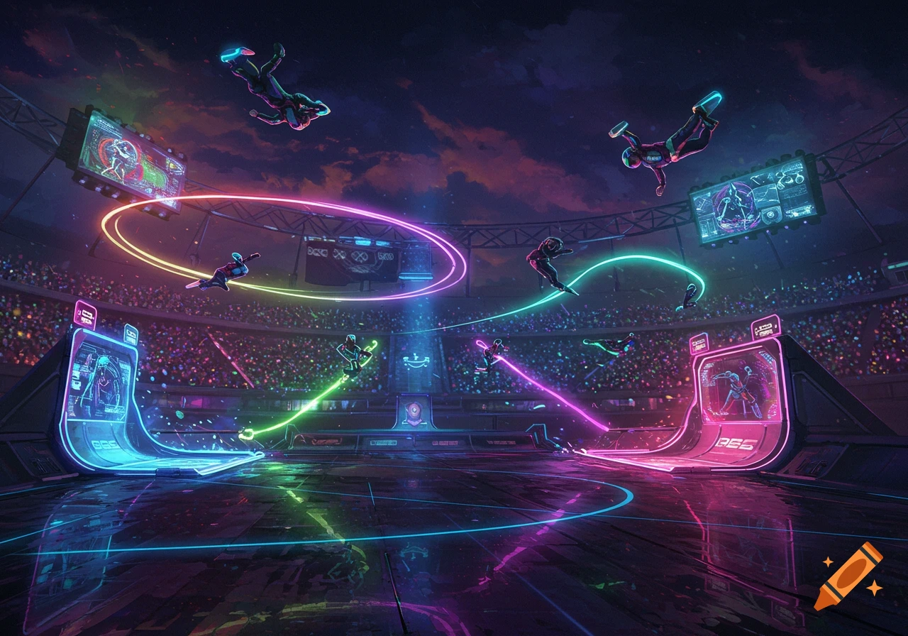 A vibrant, neon-lit futuristic stadium scene with athletes flying through the air on what appear to be hoverboards, leaving glowing trails.