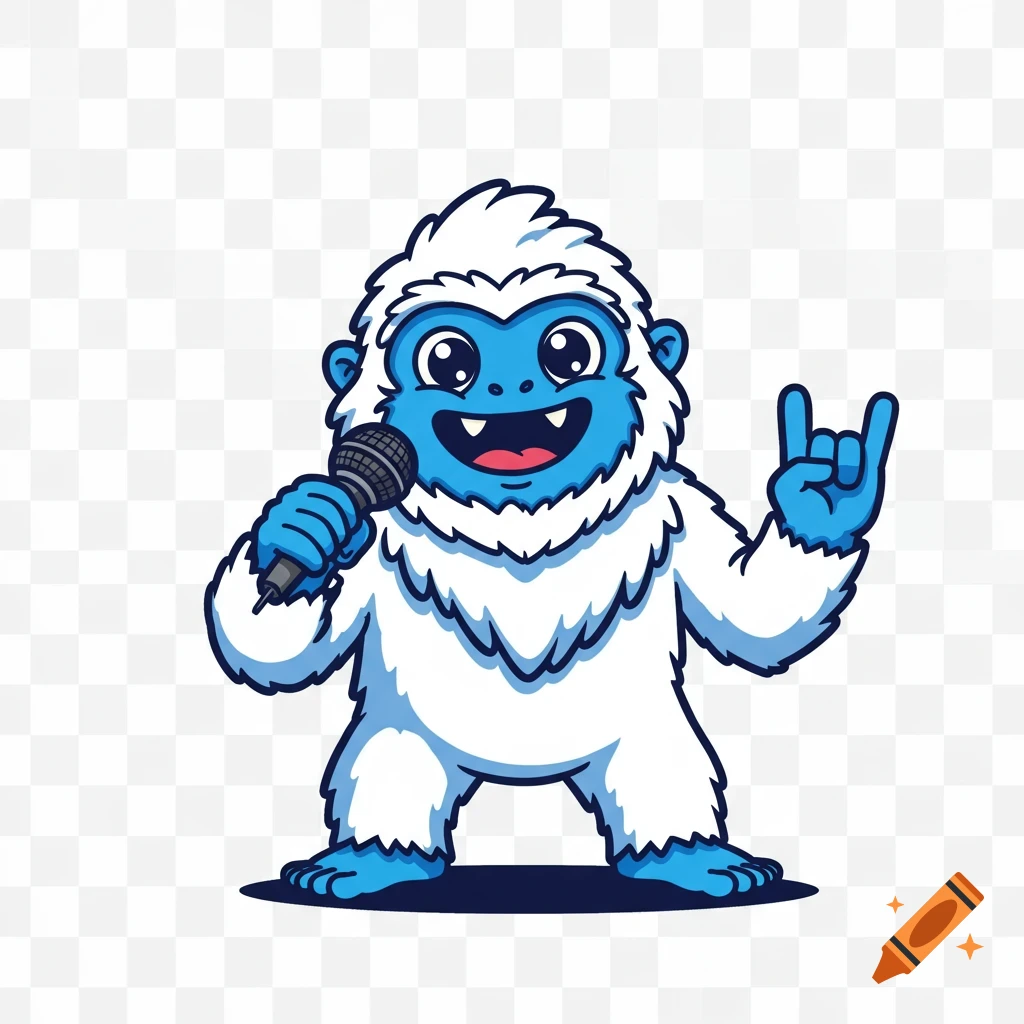 A fun cartoon yeti mascot with fluffy white fur, a blue face, and big eyes. It holds a microphone and makes a rock hand gesture on a transparent background.