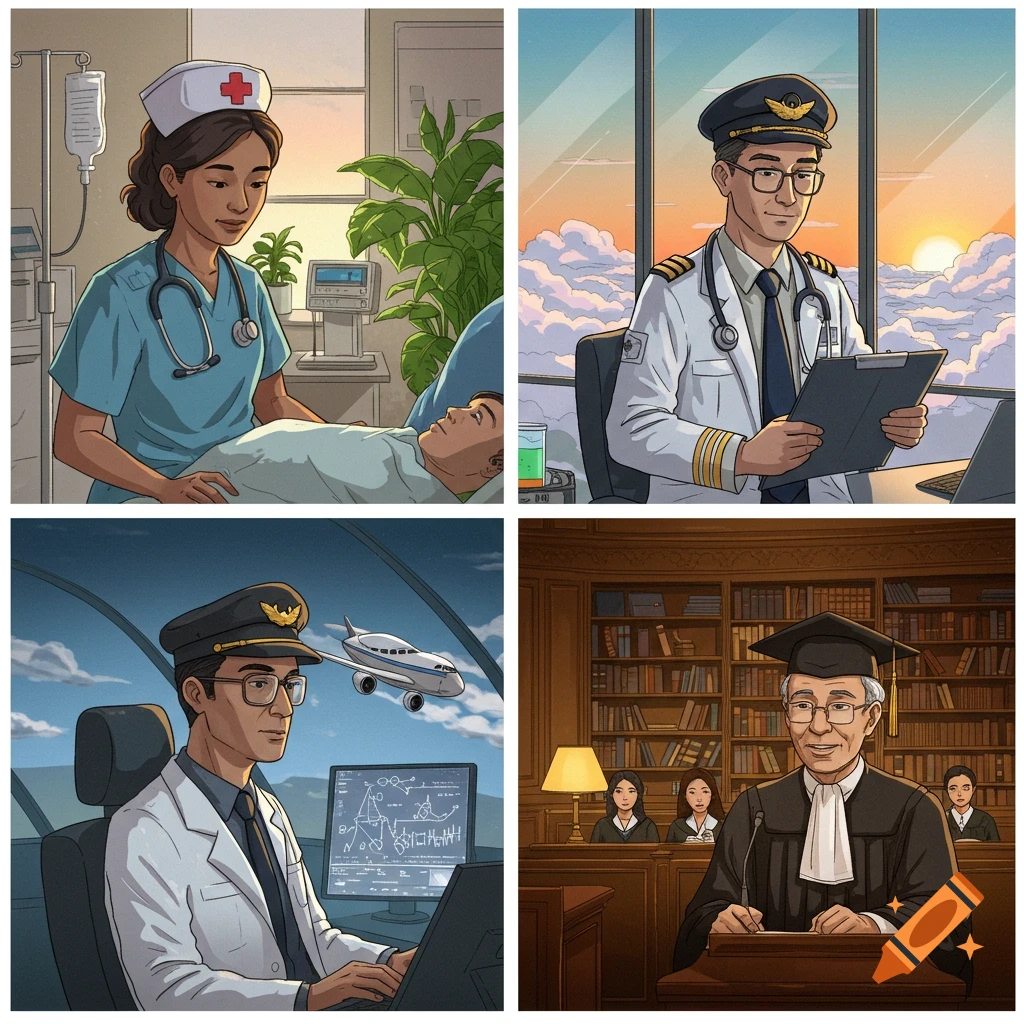 Four-panel illustration showing different careers: a nurse with a patient, a pilot with a stethoscope, a pilot at a computer, and a professor in a courtroom.