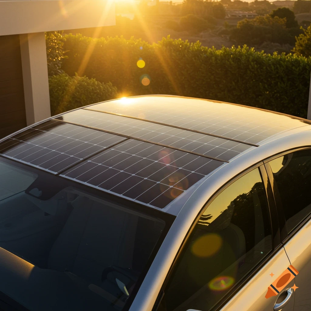 A silver car with solar panels on its roof, bathed in warm sunset light, against a backdrop of green bushes and a building.