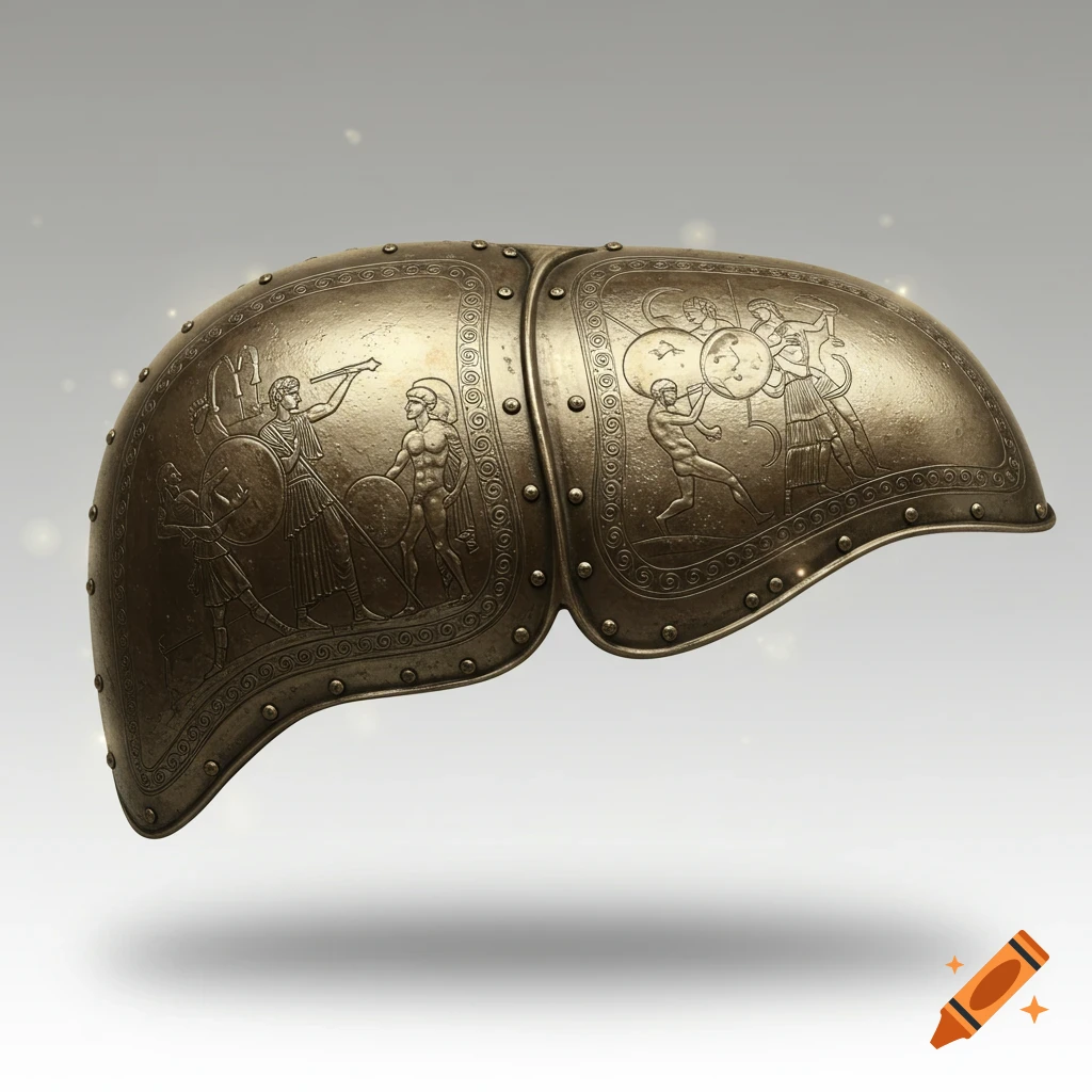 A bronze shield in the shape of a human liver, adorned with ancient Greek warrior engravings.