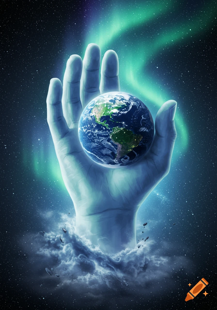 A large, ethereal hand holding the Earth against a starry space background with a glowing aurora.