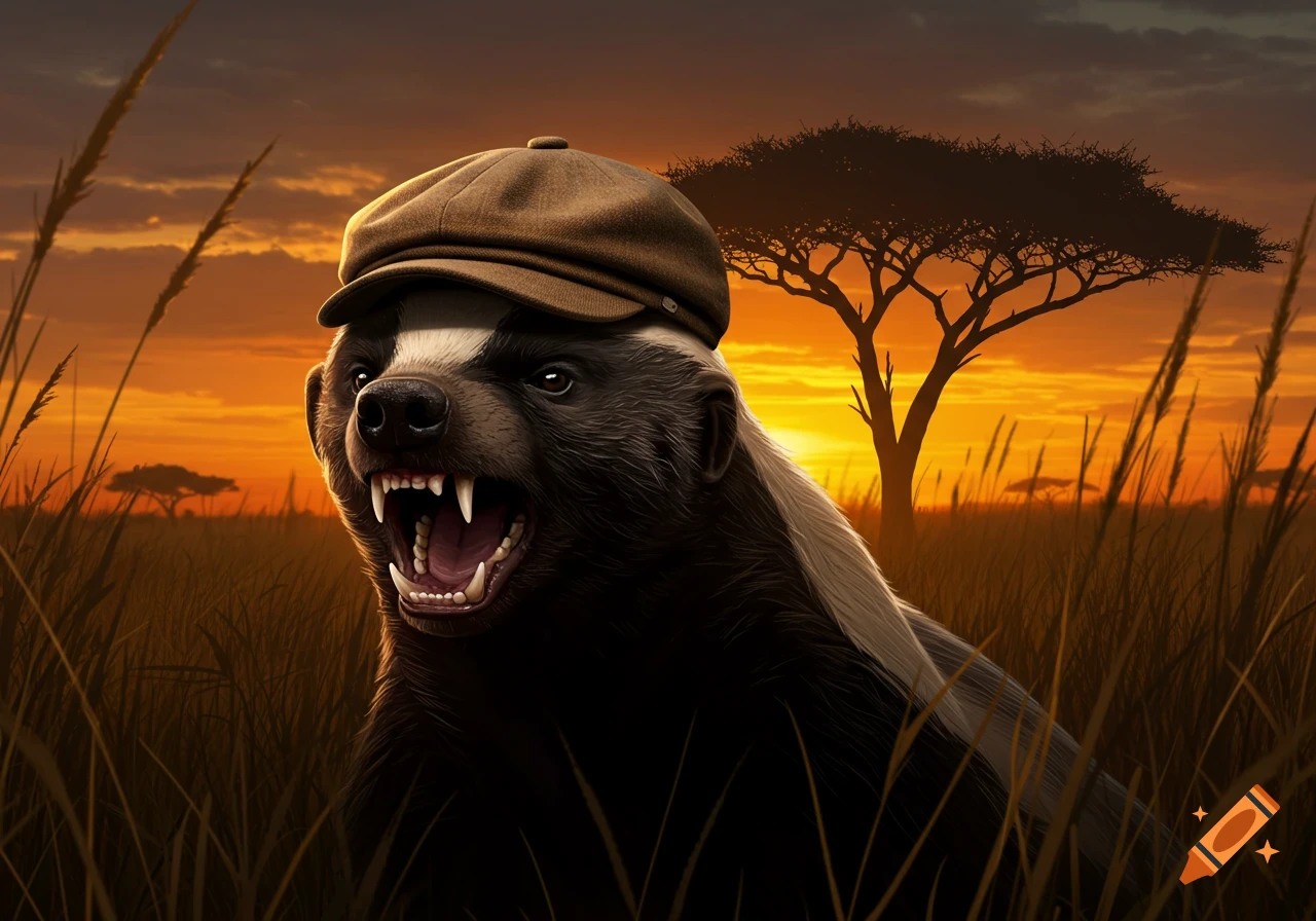 A snarling honey badger in a brown flat cap stands in tall grass against a vibrant orange sunset sky with acacia trees.