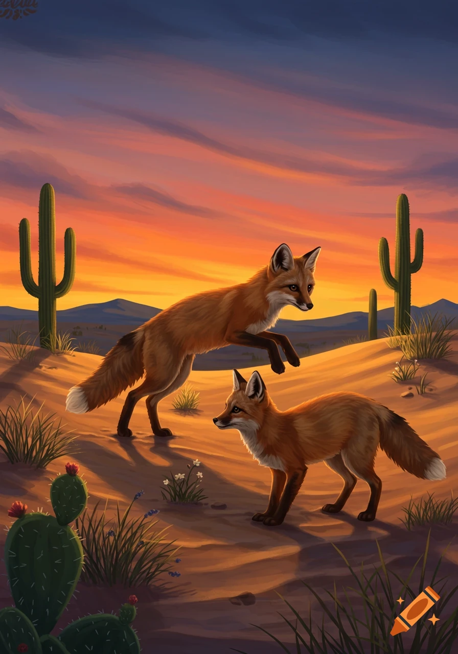 Two foxes, one leaping, in a vibrant desert landscape with saguaro cacti under an orange and purple sunset sky, digital art.