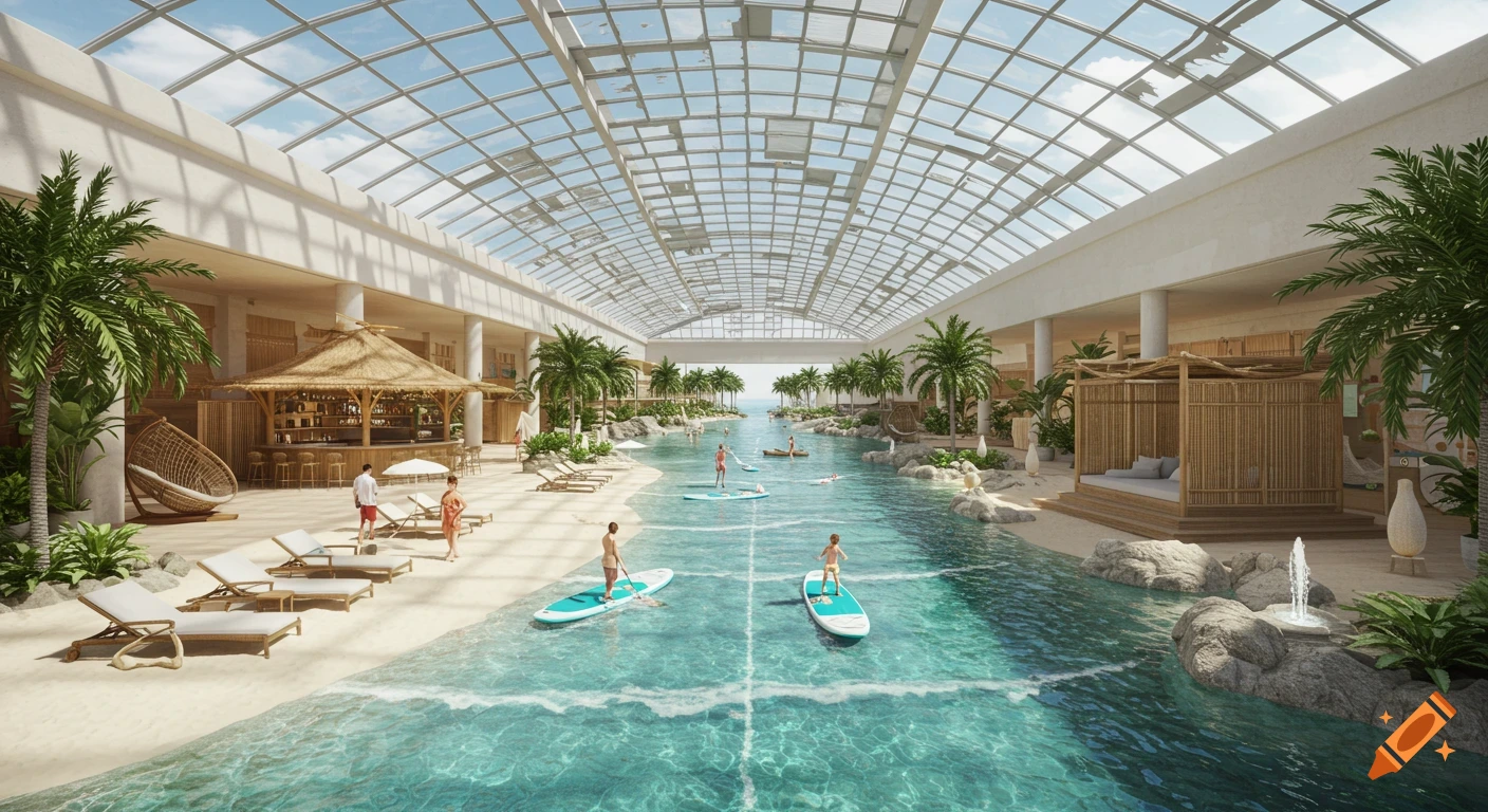 Photorealistic indoor resort with a long turquoise river for paddleboarding, a sandy beach, palm trees, and a glass ceiling.