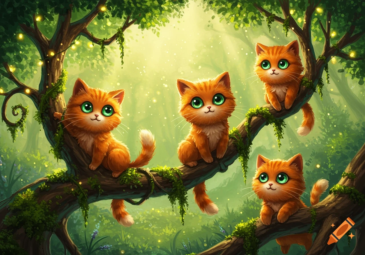 Four cute orange cat creatures with big green eyes sitting on mossy tree branches in a glowing forest illustration.