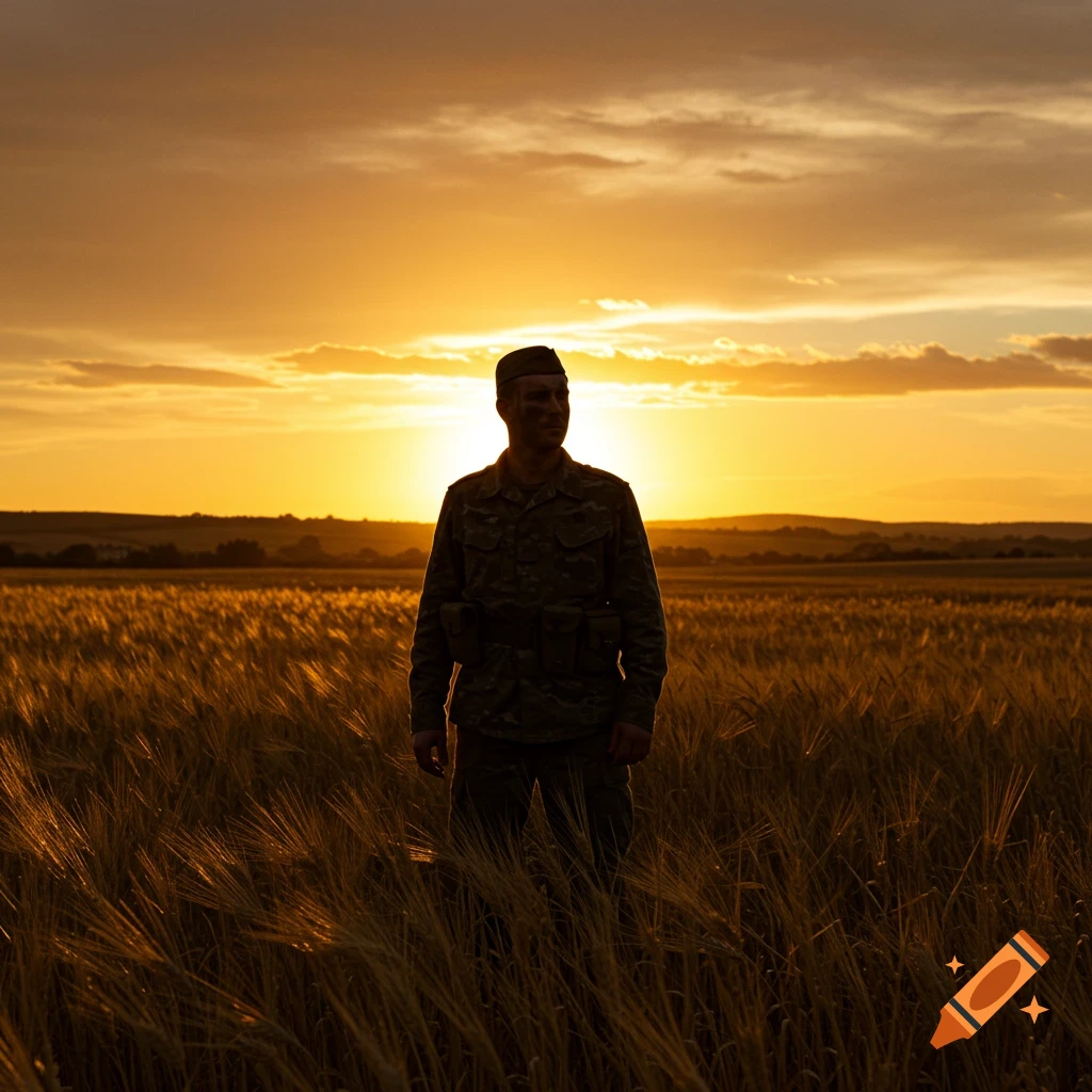 A silhouetted soldier stands in a golden wheat field at sunset.