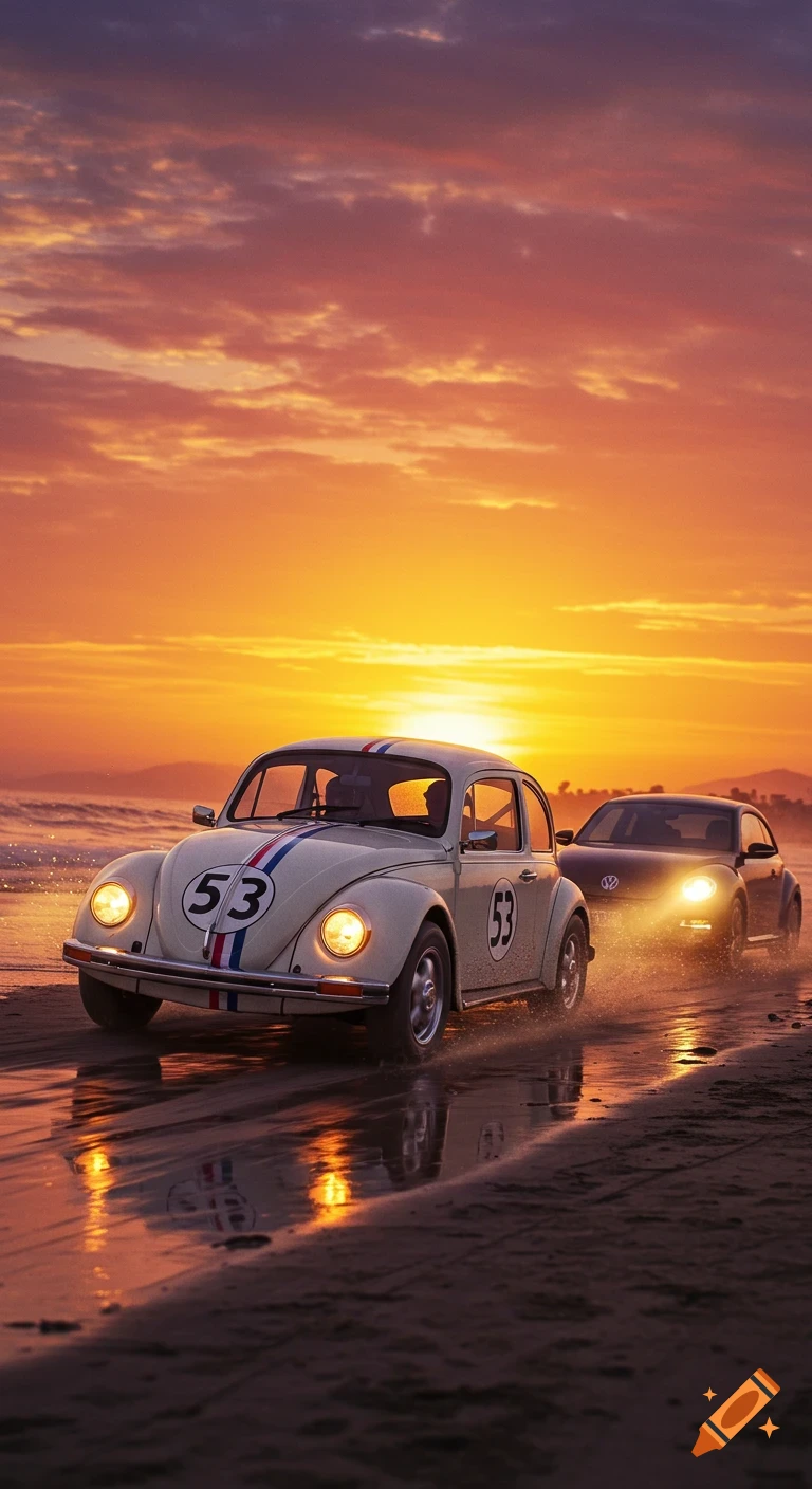 Two photorealistic Volkswagen Beetles, one white Herbie-style with '53', race on a wet beach at a fiery sunset, reflections in water.