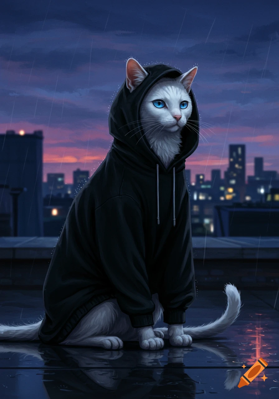 A white cat with bright blue eyes wearing a black hoodie sits on a wet city rooftop at dusk, with rain falling. Digital art.