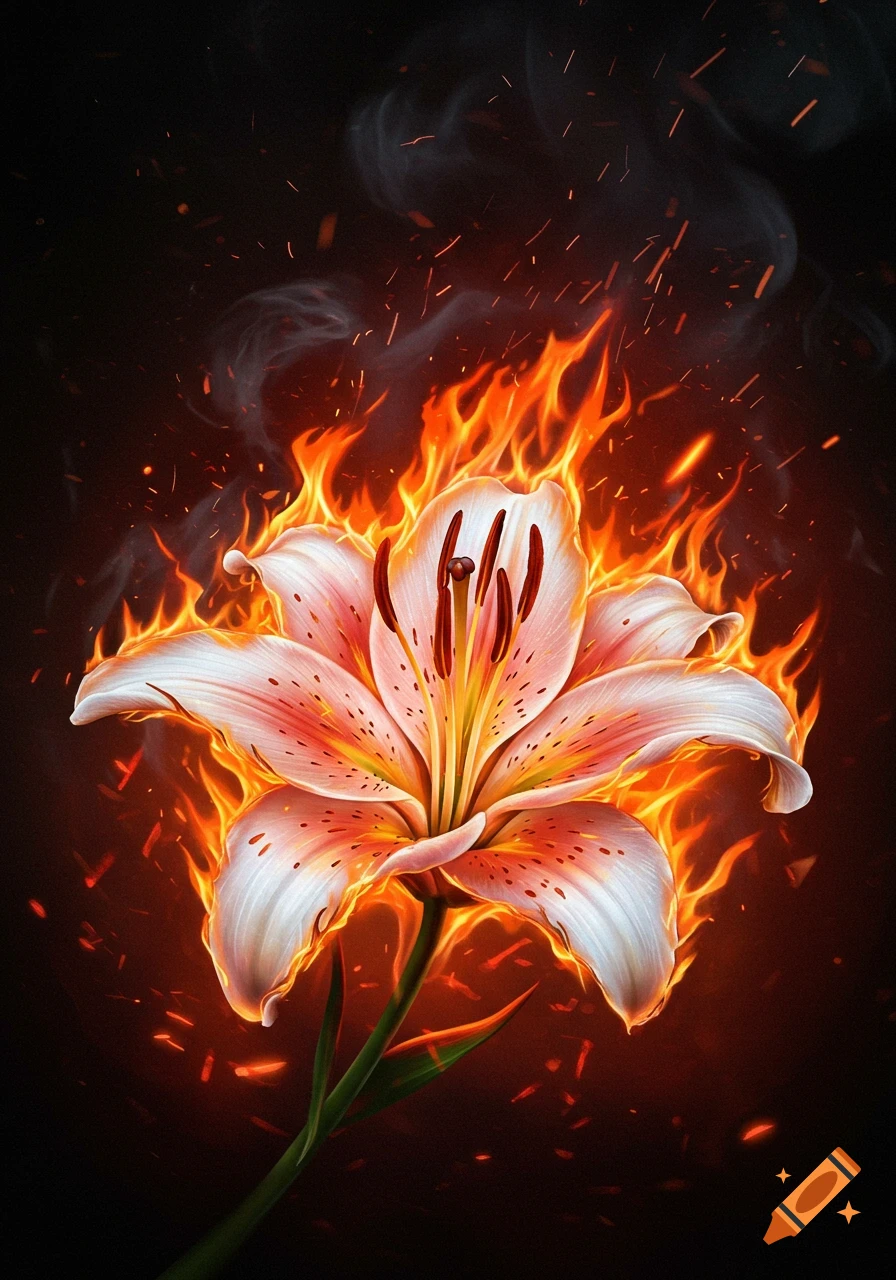 A vibrant lily flower engulfed in bright orange flames and embers against a dark background, in a digital painting style.