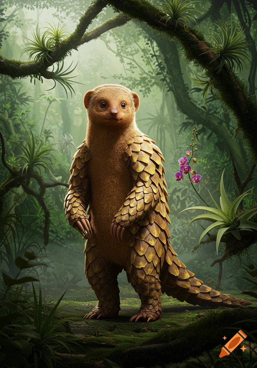 A photorealistic pangolin-mongoose hybrid creature stands in a lush jungle with green foliage and hanging vines.
