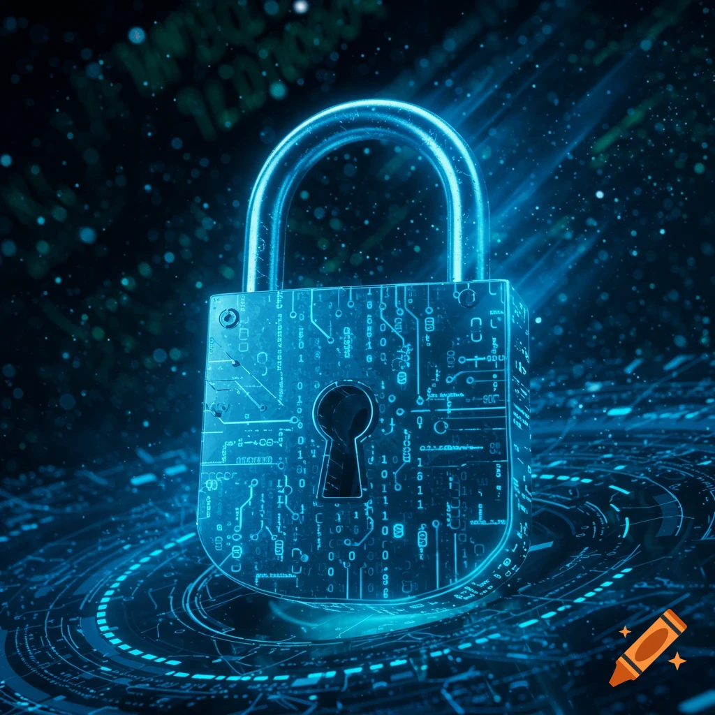 A glowing blue digital padlock stands on a circuit board, surrounded by binary code and light beams, symbolizing cybersecurity.