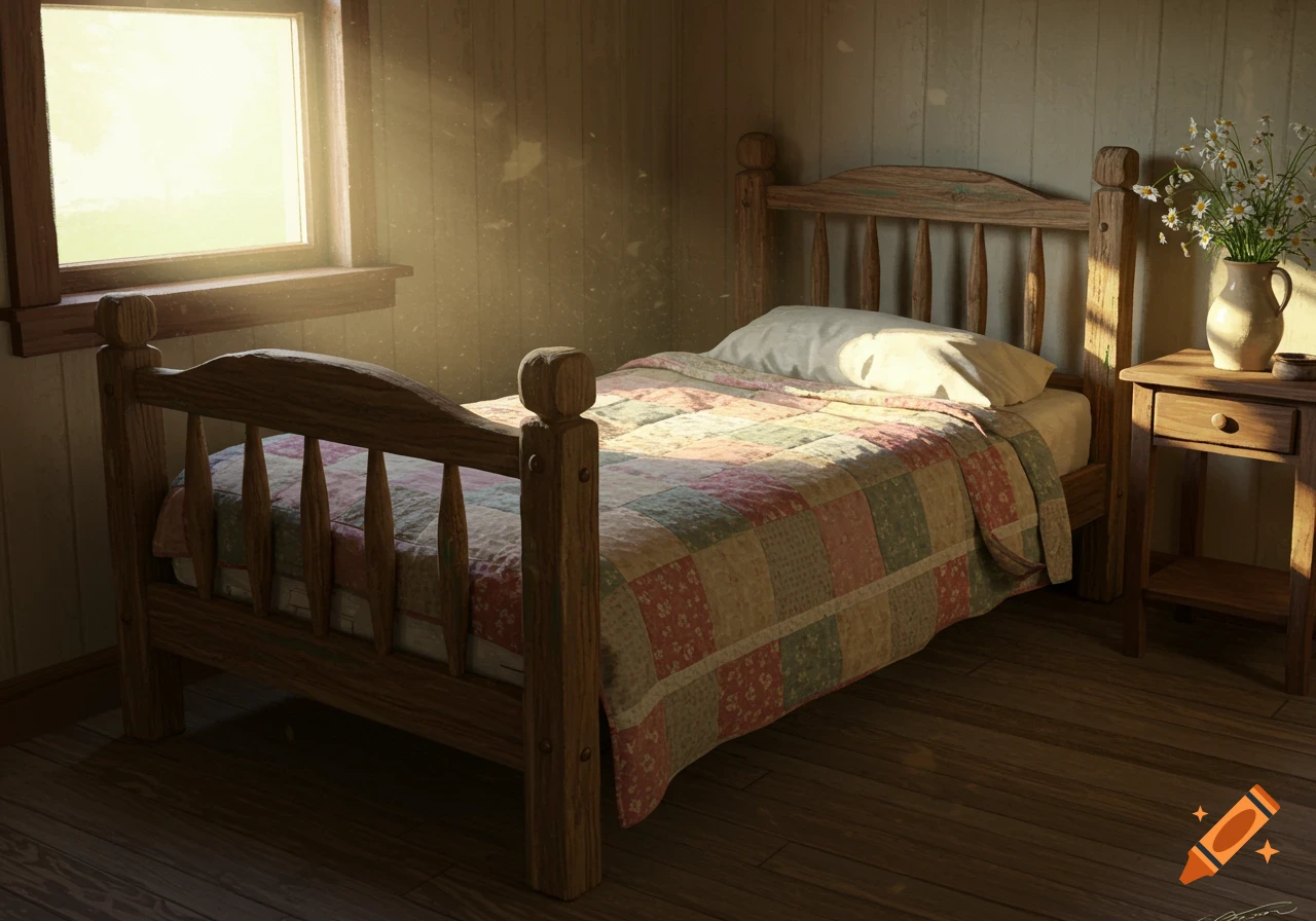 An old wooden twin bed with a patchwork quilt, sunlight streaming through a window in a rustic room. A nightstand with flowers is beside it.