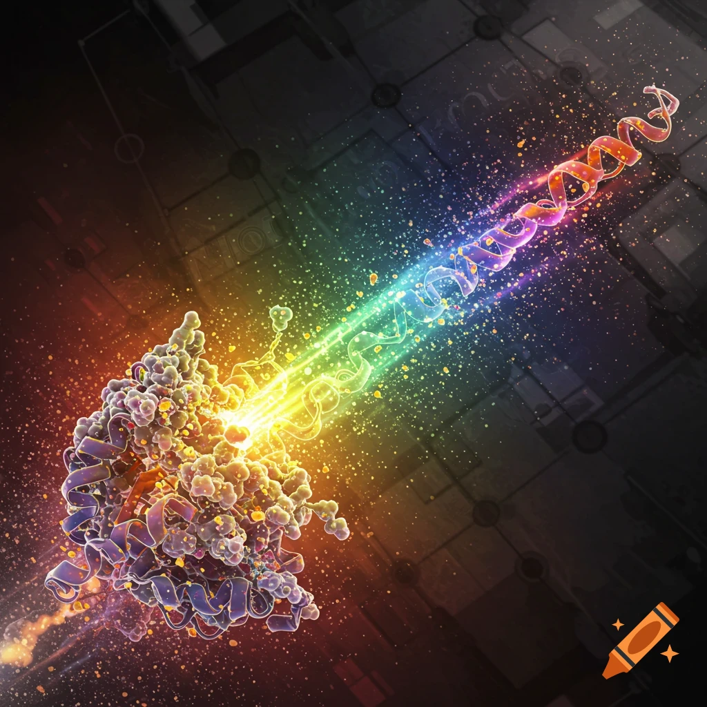 A vibrant scientific illustration shows a protein emitting a rainbow light stream forming a DNA double helix.