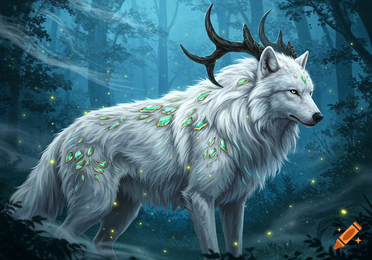 A majestic white wolf with dark horns and glowing green scales stands in a mystical blue forest with fireflies.