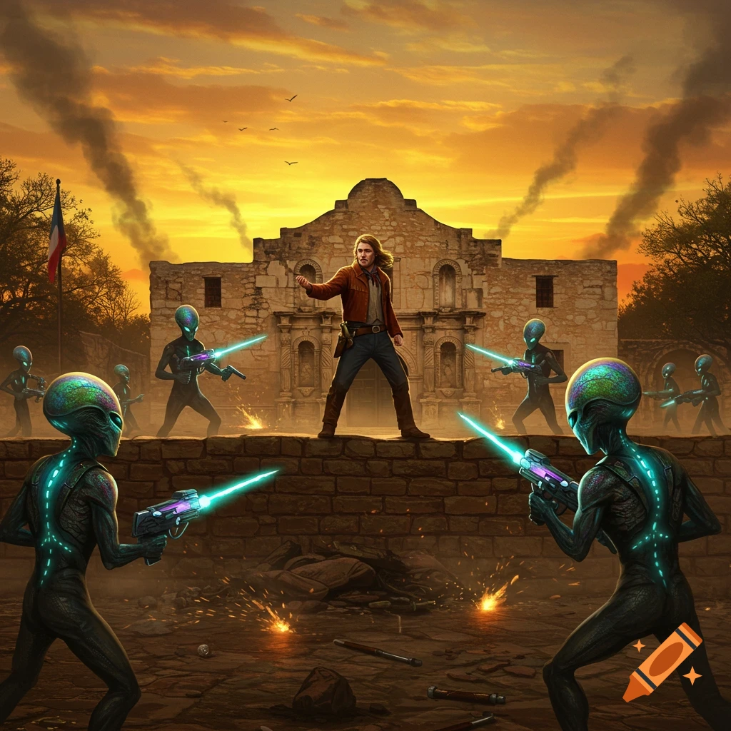 Davy Crockett battles aliens with laser guns outside the Alamo at sunset, with smoke. Digital illustration.