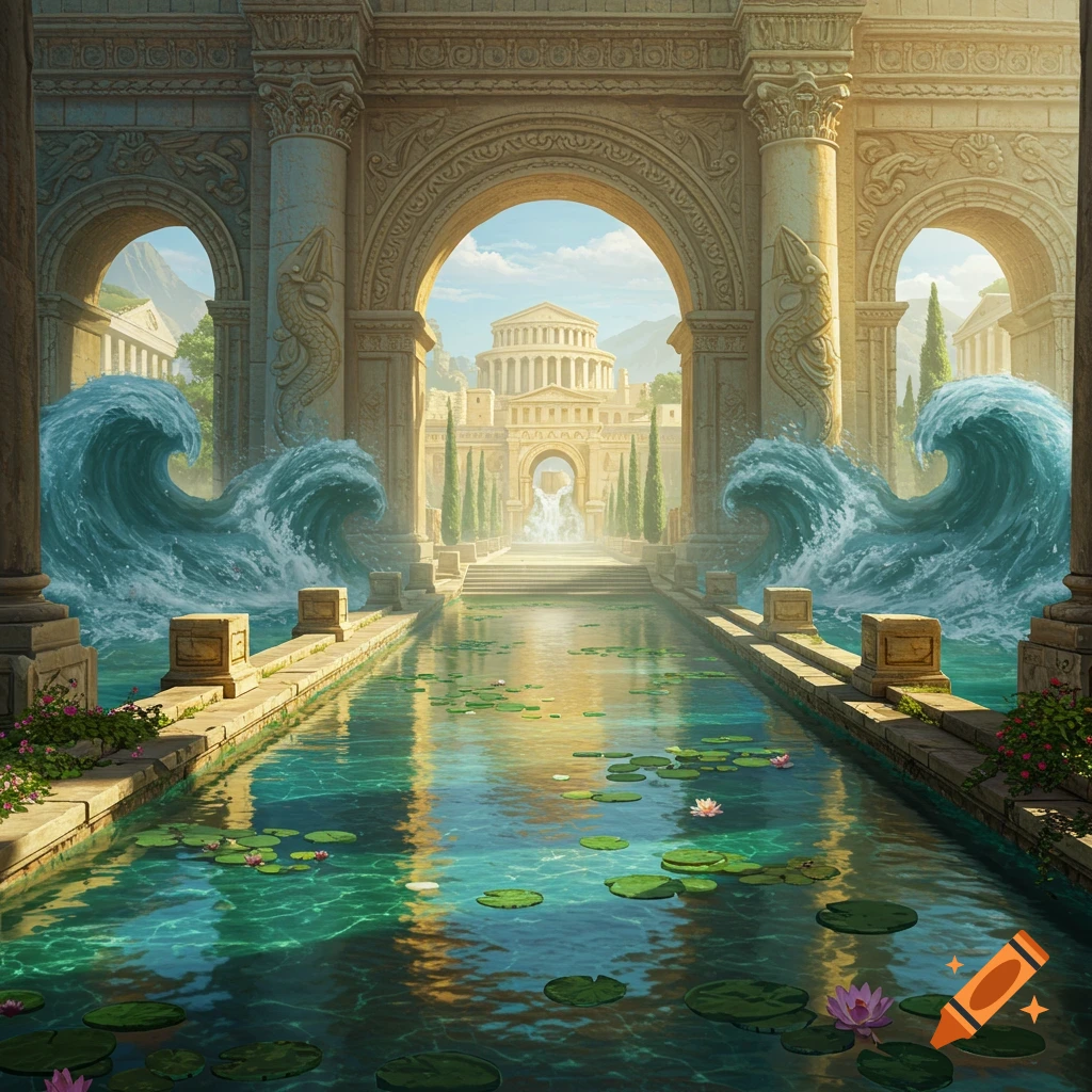 Grand Roman city entrance with reflective pool, lily pads, large waves, and ancient architecture.