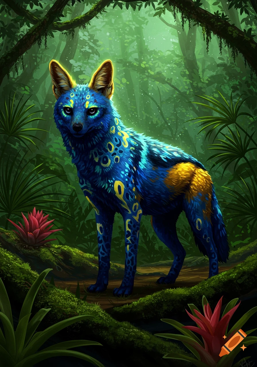 A vibrant blue and yellow jackal-like creature with glow-in-the-dark patterns stands in a lush, green jungle with red flowers.