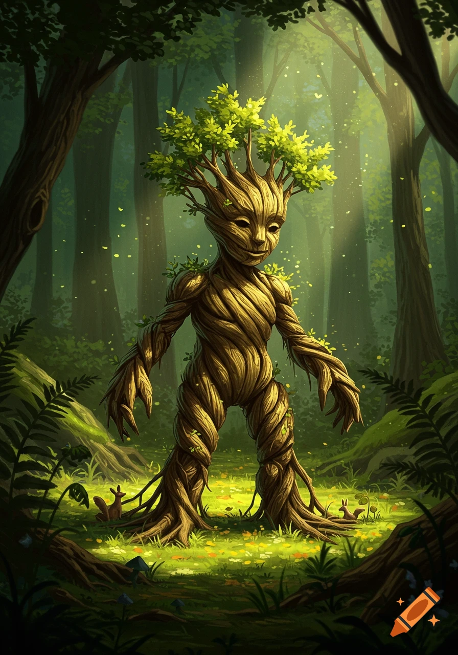 A humanoid tree creature with a smiling face and leafy head stands in a sun-dappled, mystical forest.