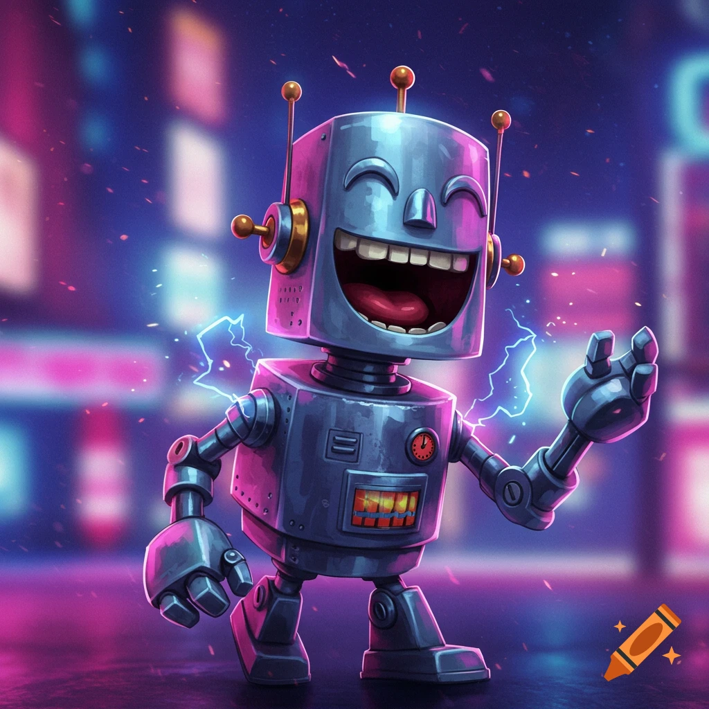 A smiling, laughing cartoon robot with glowing blue electricity around its hands, set against a neon cityscape background.
