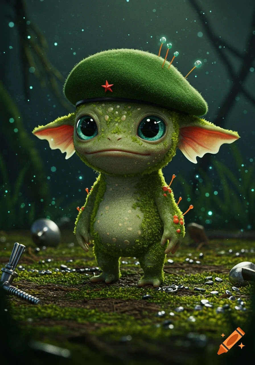A cute, photorealistic moss-covered creature with large eyes wearing a green beret with a red star, standing on mossy ground in a dark, lush environment.