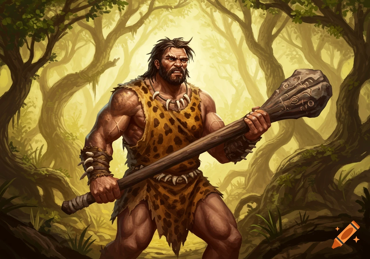 A muscular caveman wearing a leopard-print tunic and bone necklace holds a large club in a lush jungle setting, in an illustration style.