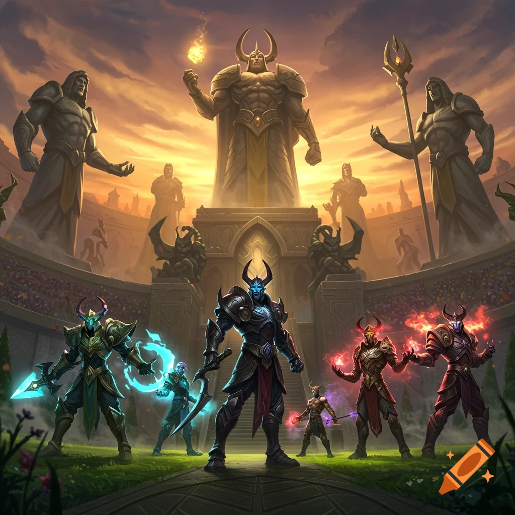 Armored fantasy warriors stand in an arena with giant statues under a dramatic sunset sky. Some wield glowing weapons and magic.