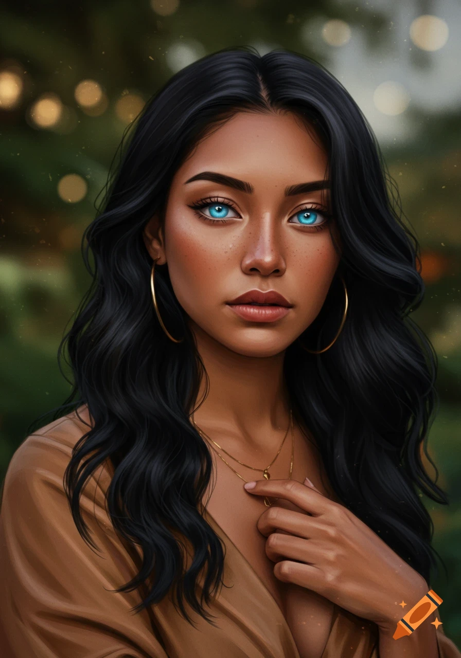 Stylized portrait of a young Latina woman with dark wavy hair and striking blue eyes, wearing a brown top, against a blurred green background.