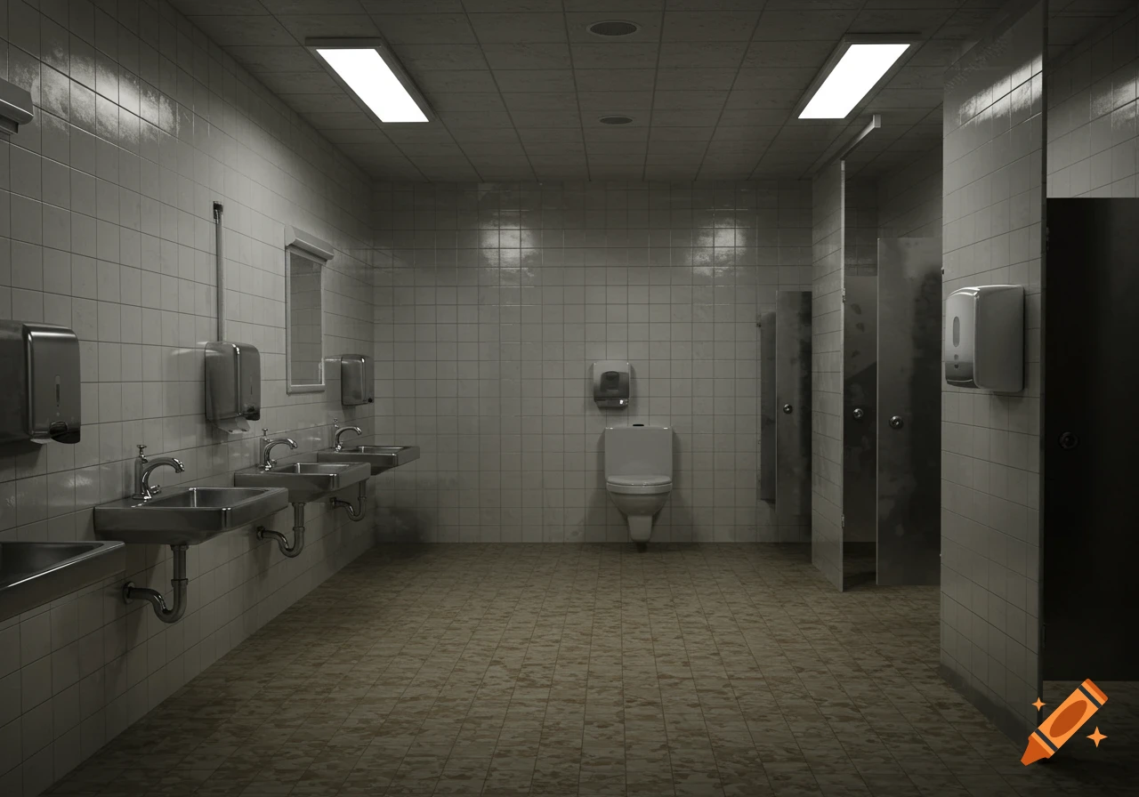 An empty, dimly lit public restroom with tiled walls, several sinks, and open stall doors.
