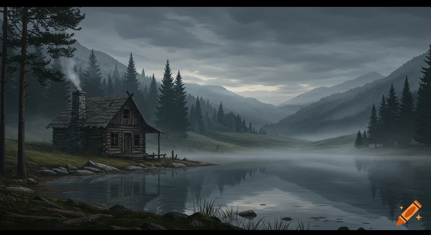 A rustic log cabin sits by a misty lake under a dark, cloudy sky, surrounded by tall pine trees and mountains. Dark landscape art.