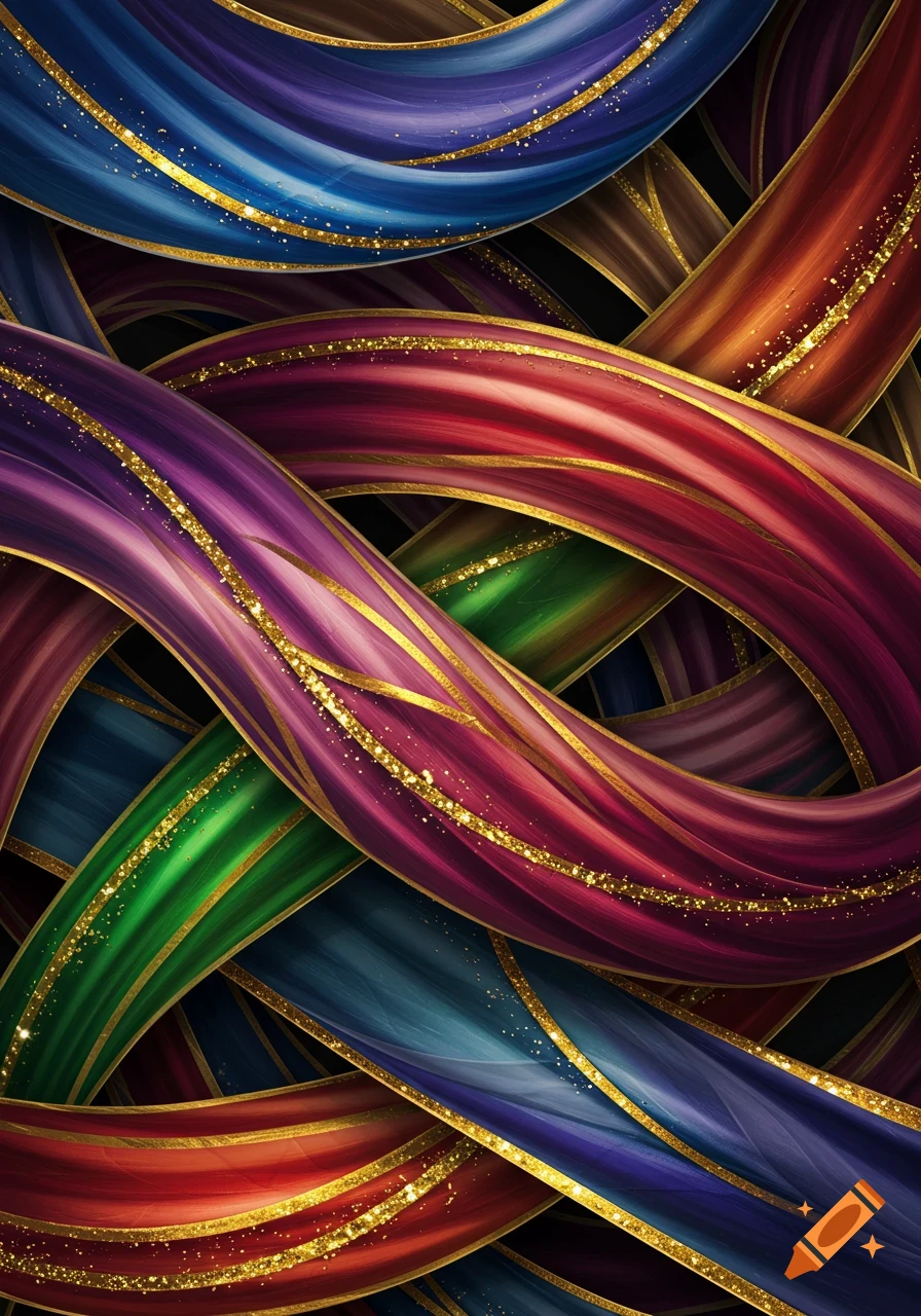 Intertwined colorful ribbons with shimmering gold glitter forming an abstract pattern.