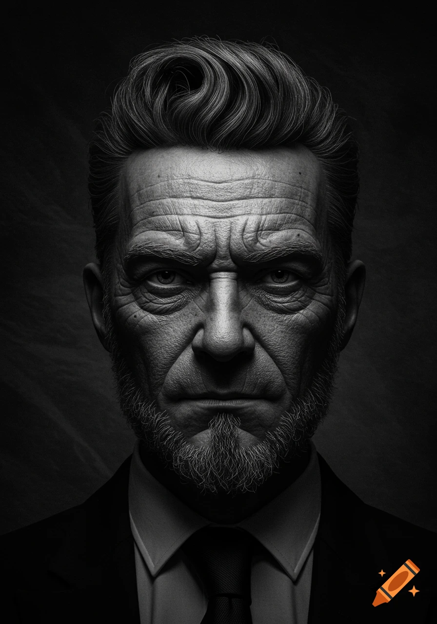 Photorealistic black and white close-up portrait of a stern, heavily wrinkled old man in a suit with a pompadour and beard.