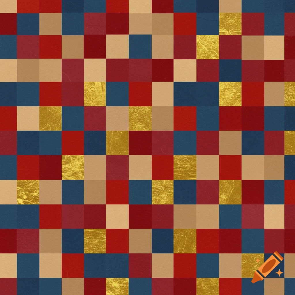 A seamless pattern of small squares in red, blue, beige, and textured gold colors.