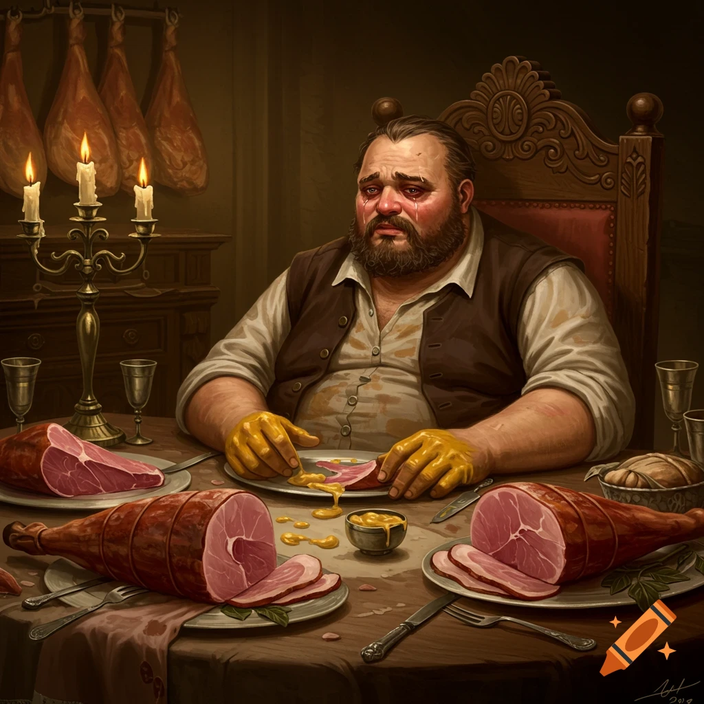 A sad, stout man with a beard sits at a candlelit table, crying while cutting ham, his hands covered in mustard.