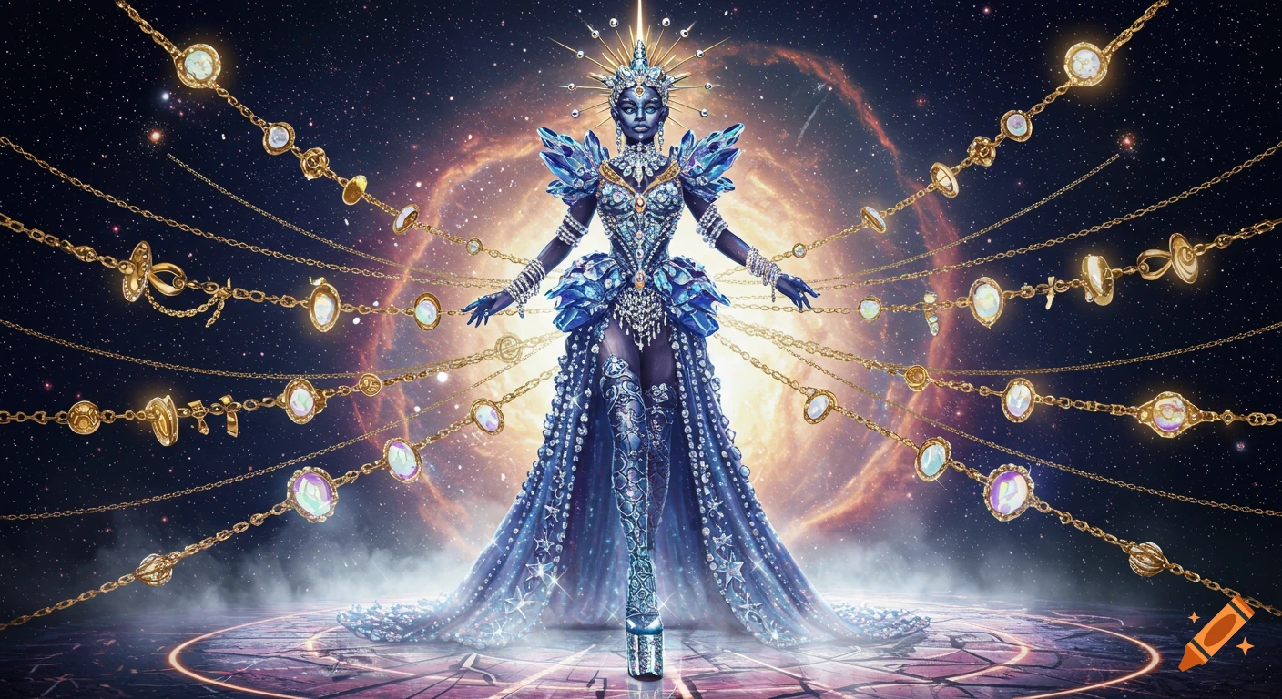 A majestic fashion deity in a shimmering blue crystal gown, with a crown of orbiting gems, stands on a cosmic runway in space surrounded by golden chains.
