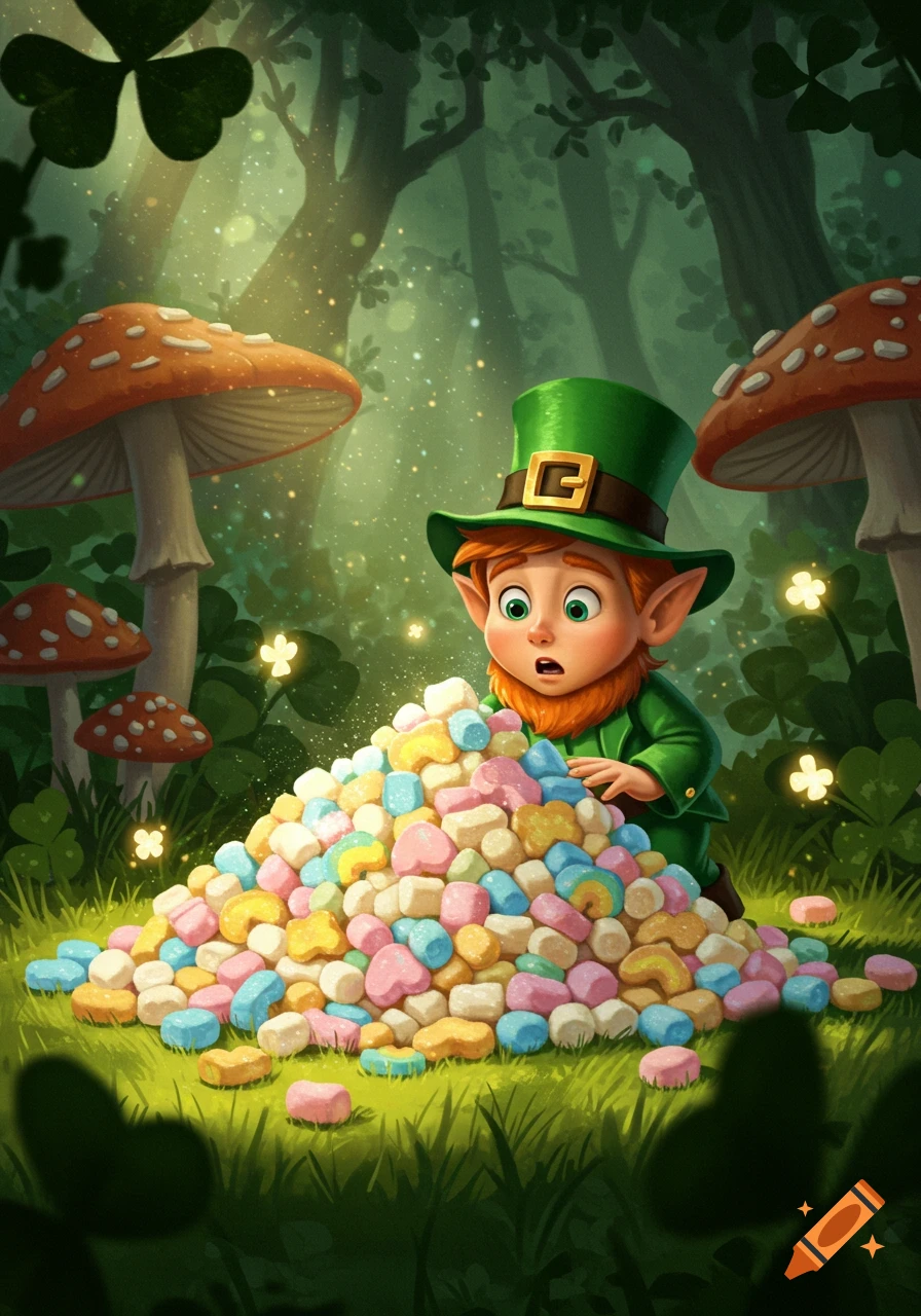 A cartoon leprechaun looks in surprise at a large pile of colorful Lucky Charms marshmallows in a magical forest with mushrooms.