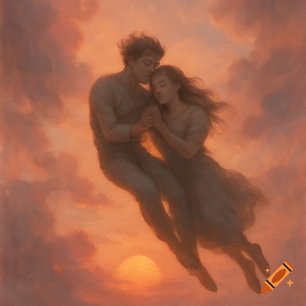 A man and woman embrace while floating in a cloudy, orange sunset sky, in a painterly style.