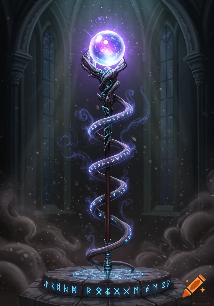 An ornate magic staff with a glowing purple orb at its top, wrapped in glowing runic symbols, stands in a dark gothic hall.